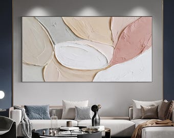 Chunky Abstract Oil Painting, Minimalist Blush Pink Wall Art, Heavy Textured Beige Canvas Art, Modern Muted Pastel Home Decor