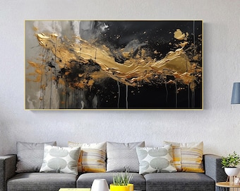 Abstract Gold Black Oil Painting, Hand-Painted Impasto Textured Wall Art, Modern Metallic Canvas Artwork, Luxury Contemporary Home Decor