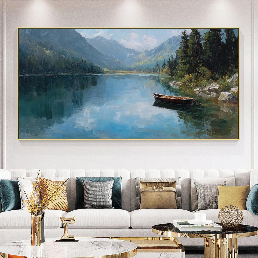 Large Original Mountain Lake Oil Painting, Serene Forest Wall Art ...