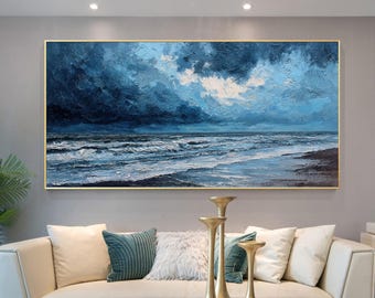 Large Original Ocean Waves Oil Painting, Dramatic Blue Seascape Wall Art, Moody Beach Scenery Canvas Art, Heavy Textured Coastal Home Decor