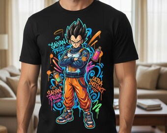 Bardock Neon Graffiti T-Shirt: Retro Anime Power Krieger Grafik Tee