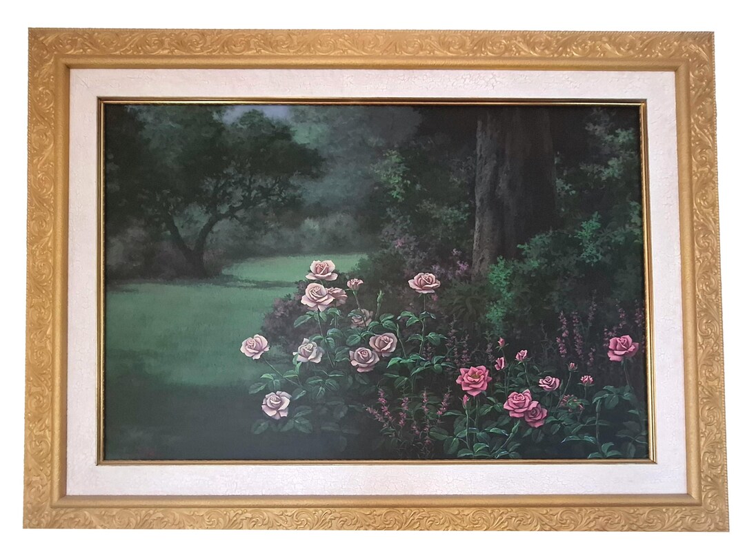 Vintage 1995 Rose Garden Oil Painting by Napat – Impressionist Floral ...