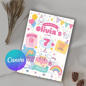May include: A birthday party invitation card featuring a white cartoon puppy character, a pink cake with candles, balloons, and a rainbow. The text reads Olivia's is turning 7, Saturday May 18th, 3:00 PM-6:00 PM, and Olivia's House, Rainbow Westchester St.