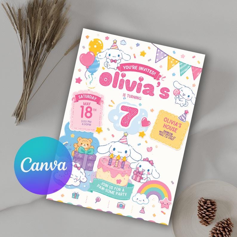 May include: A birthday party invitation card featuring a white cartoon puppy character, a pink cake with candles, balloons, and a rainbow. The text reads Olivia's is turning 7, Saturday May 18th, 3:00 PM-6:00 PM, and Olivia's House, Rainbow Westchester St.