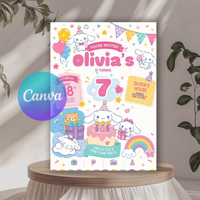 May include: A birthday invitation card featuring white cartoon characters, a pink cake with three candles, a rainbow, and colorful confetti. The text reads: You're invited! Olivia's is turning 7, Saturday May 18th, Olivia's House, and Join us for a paw-some party.