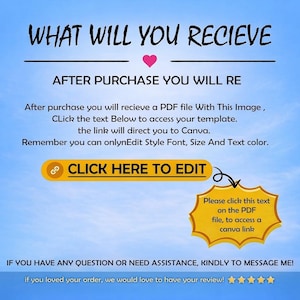 May include: A digital instruction graphic on a blue sky background with black text reading WHAT WILL YOU RECIEVE, AFTER PURCHASE YOU WILL RE, After purchase you will recieve a PDF file With This Image, CLICK HERE TO EDIT, and a star rating.