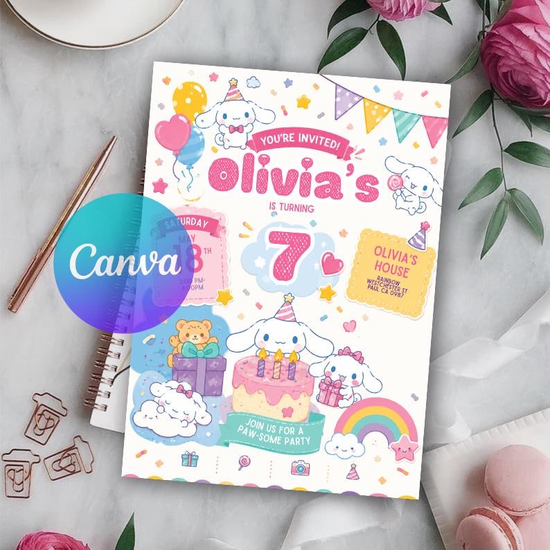 May include: A birthday party invitation card featuring Cinnamoroll characters, a pink cake with candles, a rainbow, and confetti. The text reads: You're invited! Olivia's is turning 7. Join us for a paw-some party at Olivia's house.