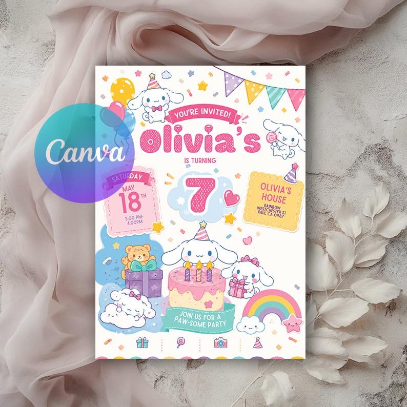 May include: A birthday invitation card featuring cartoon characters, a pink cake with candles, and a rainbow. The text reads: You're invited! Olivia's is turning 7, Saturday May 18th, 3:00 PM-4:00 PM, Olivia's house, Rainbow Westchester St, Paul CA 0987, Join us for a paw-some party.