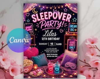 Editable Sleepover Party Invitation, Slumber Birthday Invite, Girls Sleepover Birthday Invitations, Pink Slumber Party, Canva template