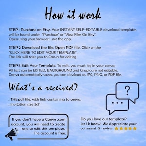 May include: A digital instruction guide on a blue sky background. Text includes: How it work, STEP 1 Purchase on Etsy, STEP 2 Download the file, CLICK HERE TO EDIT YOUR TEMPLATE, STEP 3 Edit Your Template, What's a received?, Invitation size 5x7.