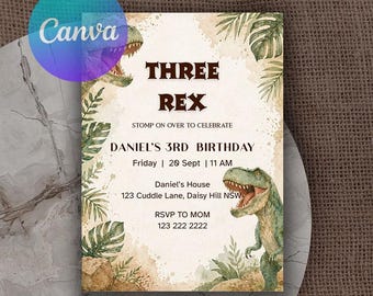 Dino Birthday Party Theme Template, Three Rex Birthday Invitation, Dinosaur 3rd Birthday Invite, Dinosaur Invitation, ThreeRex Invite, TR002