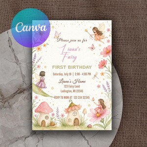 May include: A whimsical fairy-themed birthday invitation with watercolor illustrations. The invitation features the text "Please join us for Liana's Fairy First Birthday". The design includes fairies, flowers, mushrooms, and the Canva logo.