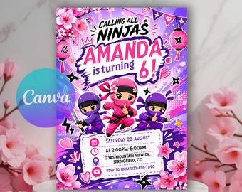 Girl Ninja Birthday Party Invitation, Girl Martial Arts Birthday invite, Kids Karate Birthday Invitation Warrior Birthday, Editable Template