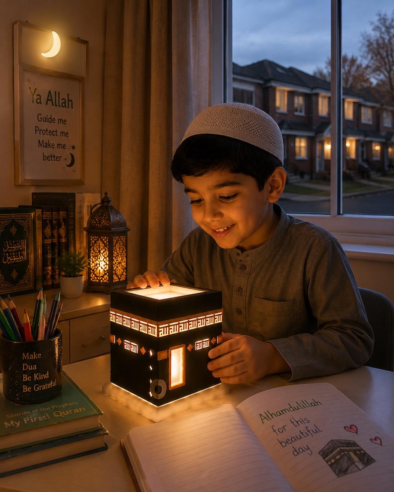 Child smiling while using a warm illuminated Kaaba night light in a cozy Muslim bedroom.