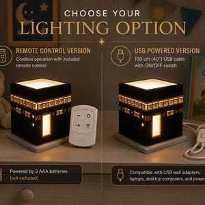 A product comparison graphic shows the remote control version and the USB powered version of the lamp.