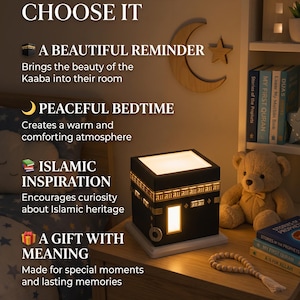 An informational graphic displays features and benefits of the Kaaba night light with accompanying room photos.