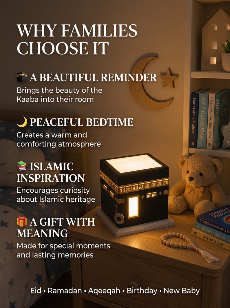 An informational graphic displays features and benefits of the Kaaba night light with accompanying room photos.