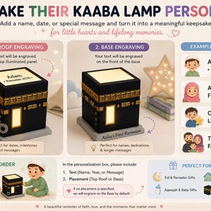 An instructional graphic shows engraving placement options and text examples for the Kaaba lamp.