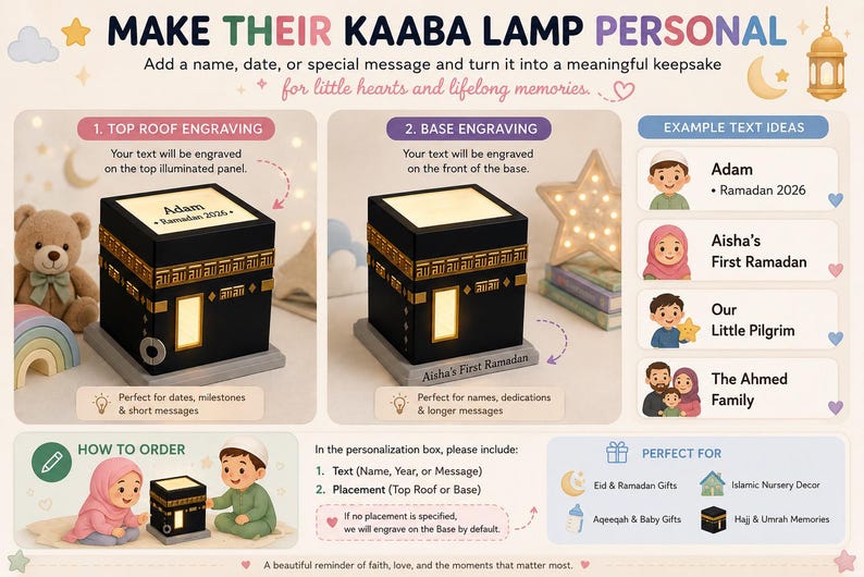 An instructional graphic shows engraving placement options and text examples for the Kaaba lamp.