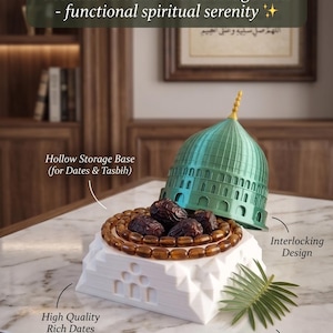 May include: A Medina Green Dome Storage Box with the text "functional spiritual serenity". The box has a green dome lid and a white base. The base holds dates and a string of beads. The box is designed with an interlocking design.
