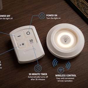 A white puck-shaped wireless LED light and its matching remote control are displayed on a wooden surface with informational diagrams pointing to the power, brightness, and timer buttons.