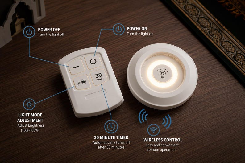 A white puck-shaped wireless LED light and its matching remote control are displayed on a wooden surface with informational diagrams pointing to the power, brightness, and timer buttons.