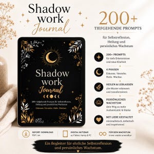 Könnte beinhalten: Ein digitales Tablet mit einem schwarzen Cover, das goldene Himmelsgrafiken, einen Halbmond und botanische Illustrationen zeigt. Der Text lautet Shadow work Journal, 200+ tiefgehende Prompts und Erkenne. Verstehe. Heile. Wachse. Weitere Abschnitte listen 200+ Prompts, 4 Phasen, Heilen & Loslassen, Persönliches Wachstum und Mit Liebe gestaltet auf.