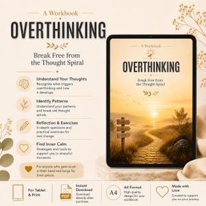 Op de afbeelding: Een digitaal werkboek getiteld Overthinking: Break Free from the Thought Spiral, weergegeven op een tabletscherm. De omslag toont een zonsonderganglandschap met een stenen pad en wegwijzers. De pagina bevat secties over het begrijpen van gedachten, het identificeren van patronen, reflectieoefeningen en het vinden van innerlijke rust.