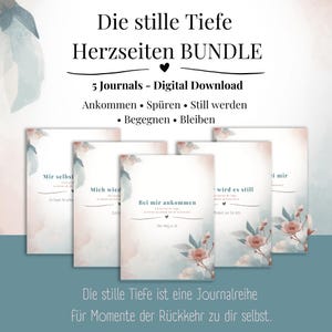 Könnte beinhalten: Ein Bundle aus fünf digitalen Journalen mit floralen und Aquarelldesigns. Die Journale tragen deutsche Titel, darunter "Bei mir ankommen" und "Mir selbst". Der Text auf den Journalen ist in einer Schreibschrift.