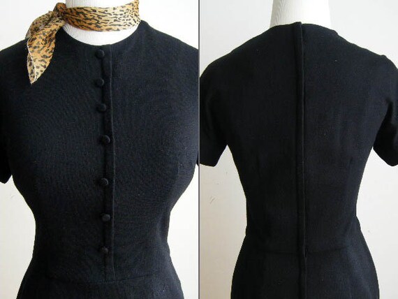 Vintage Little Black Wiggle Wool Dress - 1950's e… - image 2