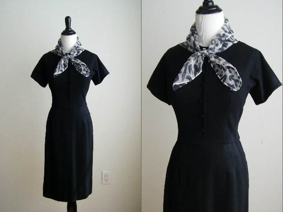 Vintage Little Black Wiggle Wool Dress - 1950's e… - image 5