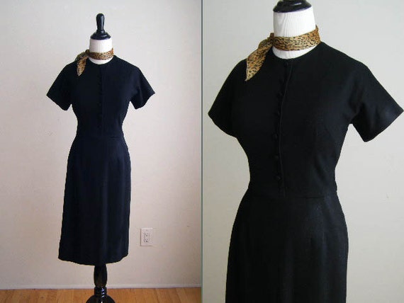 Vintage Little Black Wiggle Wool Dress - 1950's e… - image 1