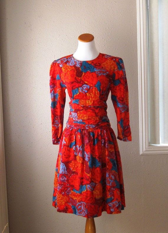 Vintage 1980's Silk Floral Dress - Size 6