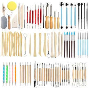May include: A collection of pottery and sculpting tools, including wooden modeling tools, metal tools, and ball stylus tools. The tools are in various shapes and sizes, with wooden handles and metal tips. The set includes a sponge and a cutting tool.