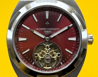 Vintage Vacheron Constantin Geneve Tourbillon Overseas Automatic Red Dial Men's Wrist Watch Free Shipping