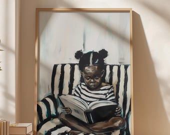 Little Black Girl Reading Print, Black and White Afrocentric Wall Art, Reading Corner Decor, Digital Download