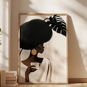 Afrohemian Wall Art, Boho Afrocentric Decor, Black Woman Coffee Print, Neutral Minimalist Portrait, Printable Digital Download