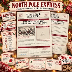 North Pole Christmas Newspaper & 14 Elf Props Bundle | Editable Canva Christmas Printables