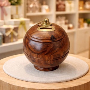 Könnte beinhalten: Eine runde, dekorative Holzbox mit Messinggriff und Schlitz. Die Box ist tiefbraun und steht auf einer hellen, runden Plattform. Die Box hat einen dekorativen Ring in der Mitte.