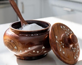 Handcrafted Sheesham Wood Spice Jar with Lid and Spoon | Floral Inlay Rustic Kitchen Decor