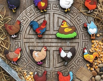 Colorful Chicken Shoe Charms Set, Farm Animal Clog Accessories, Rooster Hen Style Decorations