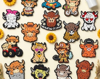 Adornos Kawaii para zapatos de vaca, accesorios para zuecos con motivos de animales de granja, decoraciones de ganado de las Tierras Altas de dibujos animados.