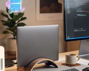 Wooden Laptop Stand, Solid Wood Laptop Riser for Desk, Ergonomic Notebook Holder, Vertical Support Stand, Desktop Organizer Decor