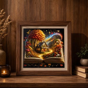 May include: A square framed print featuring an open book with a three-dimensional illustration of a cottage nestled under a large autumn tree. The scene includes vibrant orange and red foliage, a glowing path, and a sparkling light trail on a black background.