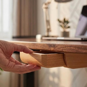 May include: A wooden desk with a drawer being opened. The desk is made of dark brown wood, and the drawer is made of light brown wood. The drawer is rectangular and has a curved front. The desk is in a well-lit room.