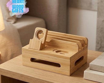 Stacja ładująca z bambusa do wielu urządzeń, stacja dokująca do telefonu, tabletu, zegarka, organizer do stacji ładującej, podstawka ładująca na biurko nocne