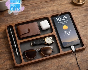 Bandeja organizadora de madera con ranura para cargar el teléfono, organizador de mesilla de noche, regalo para hombre, bandeja organizadora de escritorio, regalo para él