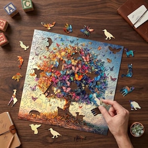 Könnte beinhalten: Ein quadratisches Holzpuzzle mit einem lebendigen Baum aus bunten Schmetterlingen, umgeben von verschiedenen einzigartigen, tierförmigen Puzzleteilen wie einem Vogel, einem Fuchs und einem Delfin, auf einer dunklen Holzoberfläche.