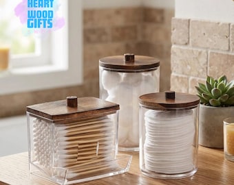 Set di 3 porta cotton fioc, organizer per barattoli da farmacia con coperchi in legno