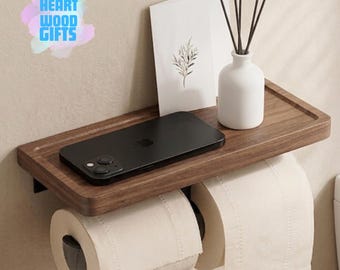 Toilet Paper Holder Bathroom Wall Mount, Wooden Paper Roll Holder with Phone Shelf, Storage Rack, Tissue Holder, Housewarming Gifts